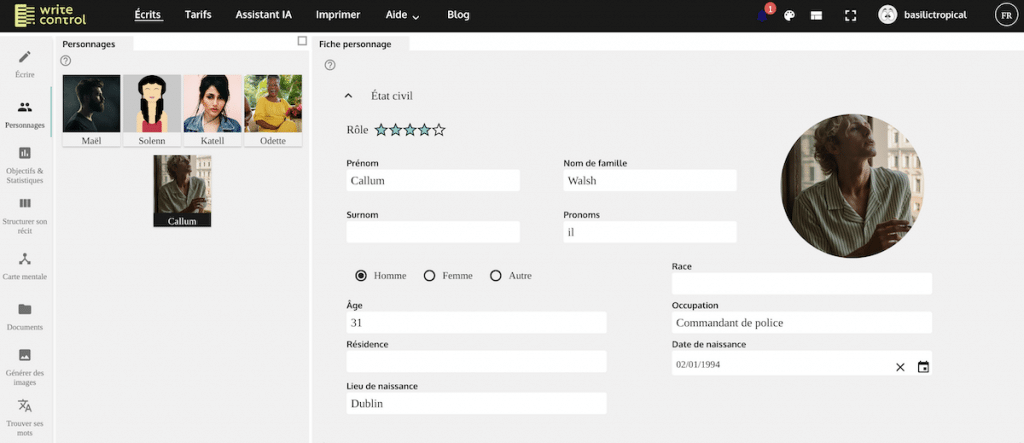 Les fiches personnages sur WriteControl