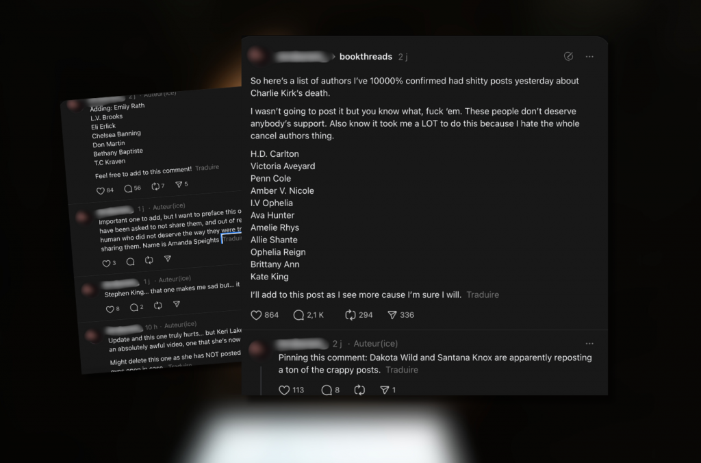 Liste des noms d'auteurs boycottés aux USA suite à la mort de Charlie Kirk.