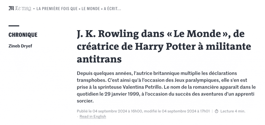 Prise de position transphobe de JK Rowling
